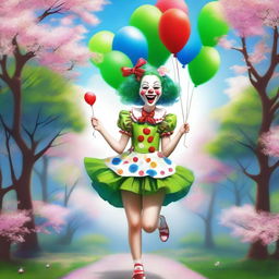 A high-quality digital art piece features a beautiful girl in vibrant clown makeup of green, blue, red, and white