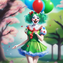 A high-quality digital art piece features a beautiful girl in vibrant clown makeup of green, blue, red, and white