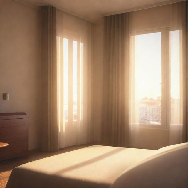 A hotel room on a beautiful morning with sun rays pouring through the partially closed curtains, rendered in the stylized manner of a Visual Novel illustration.