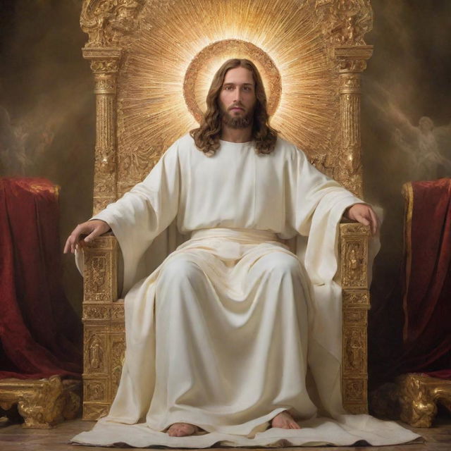 Create an image of Christ seated on a resplendent throne of Glory. He should appear majestic and powerful, bathed in divine light, with symbols of divinity and holiness surrounding him.