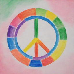 Generate an image of a poster made with oil pastel colors promoting peace. The poster should include symbols of unity, harmony, and tranquility with vibrant and soothing colors typical of oil pastels.