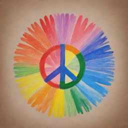 Generate an image of a poster made with oil pastel colors promoting peace. The poster should include symbols of unity, harmony, and tranquility with vibrant and soothing colors typical of oil pastels.