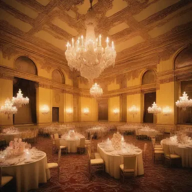 The grand ballroom of the palace featured dashing decor, with intricate chandeliers and lavish furniture.