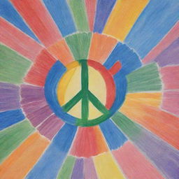 Generate an image of a poster made with oil pastel colors promoting peace. The poster should include symbols of unity, harmony, and tranquility with vibrant and soothing colors typical of oil pastels.