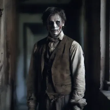 As the protagonist entered the haunted house, a dashing figure suddenly appeared, dressed in tattered clothing and exuding an eerie aura.