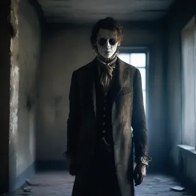 As the protagonist entered the haunted house, a dashing figure suddenly appeared, dressed in tattered clothing and exuding an eerie aura.