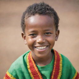 A portrait of a young Habesha boy with traditional Ethiopian clothing and a bright, joyous smile.