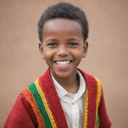 A portrait of a young Habesha boy with traditional Ethiopian clothing and a bright, joyous smile.