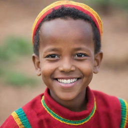 A portrait of a young Habesha boy with traditional Ethiopian clothing and a bright, joyous smile.