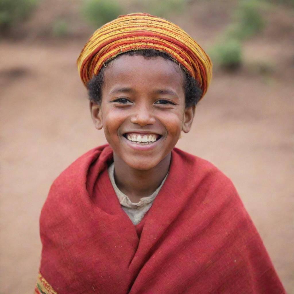 A portrait of a young Habesha boy with traditional Ethiopian clothing and a bright, joyous smile.