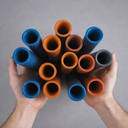 A person holding a selection of CPVC pipes, showcasing them against a plain background