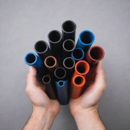A person holding a selection of CPVC pipes, showcasing them against a plain background