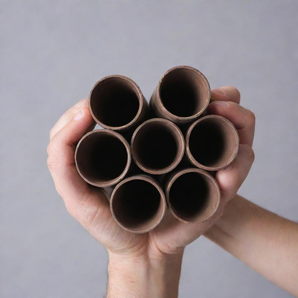 A person holding a selection of CPVC pipes, showcasing them against a plain background
