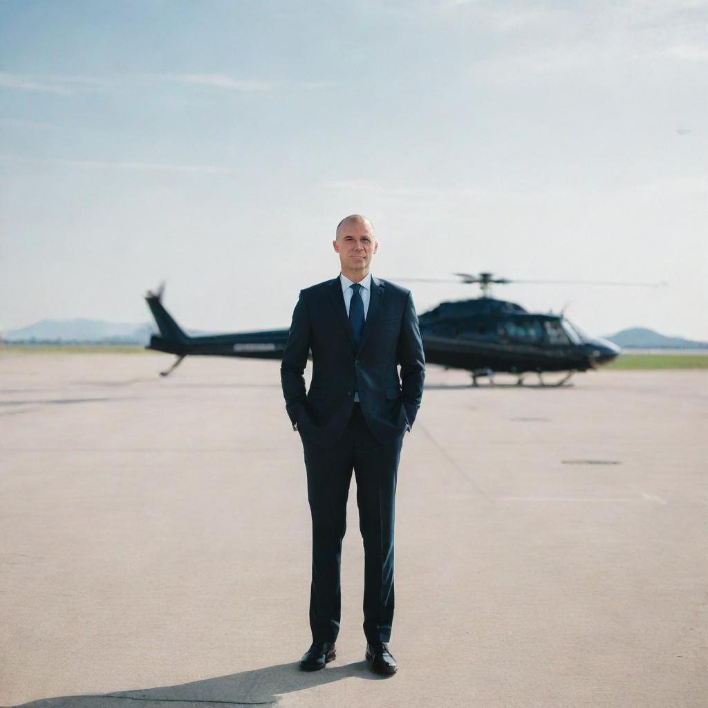 A confident man standing in an expansive airport, with a modern helicopter prominently in the background.