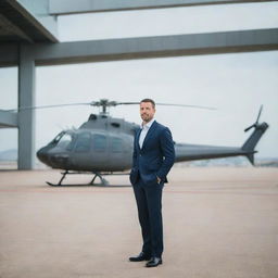 A confident man standing in an expansive airport, with a modern helicopter prominently in the background.