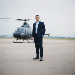 A confident man standing in an expansive airport, with a modern helicopter prominently in the background.