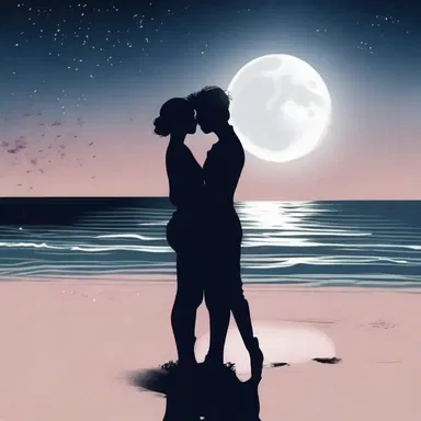 Under the moonlit sky, they shared a passionate kiss on the beach, their pearly teeth shining brightly.