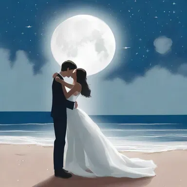Under the moonlit sky, they shared a passionate kiss on the beach, their pearly teeth shining brightly.