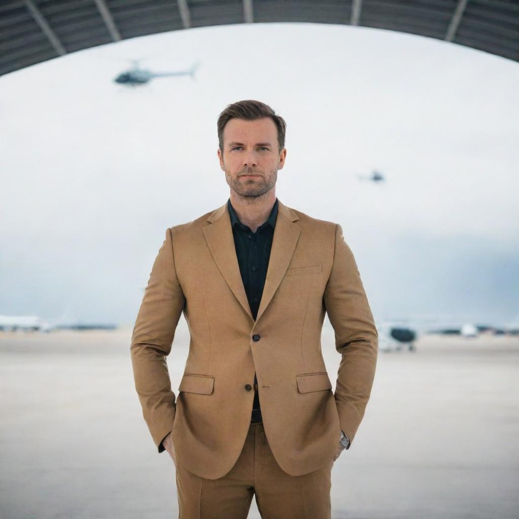 A confident man standing in an expansive airport, with a modern helicopter prominently in the background.