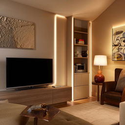 Cozy living room featuring an LCD TV stand in the corner, modern furniture, warm lighting, and tasteful decor.