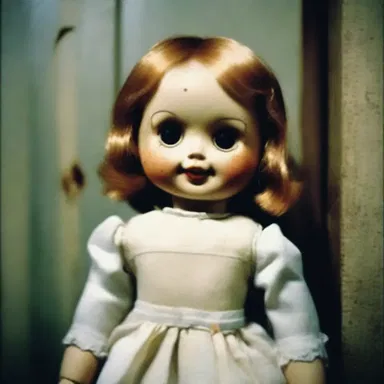 As I walked through the haunted house, the eerie doll smiled at me, exposing its sharp pearly choppers.