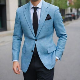 A light blue checked blazer over a gray shirt, complemented with black trousers. The outfit exudes style and sophistication.