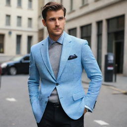 A light blue checked blazer over a gray shirt, complemented with black trousers. The outfit exudes style and sophistication.