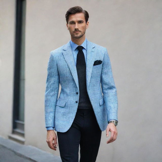 A light blue checked blazer over a gray shirt, complemented with black trousers. The outfit exudes style and sophistication.