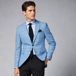 A light blue checked blazer over a gray shirt, complemented with black trousers. The outfit exudes style and sophistication.