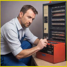 A professional electrician, with a toolbox, intently repairing a telephone on a vibrant poster with motivational text.