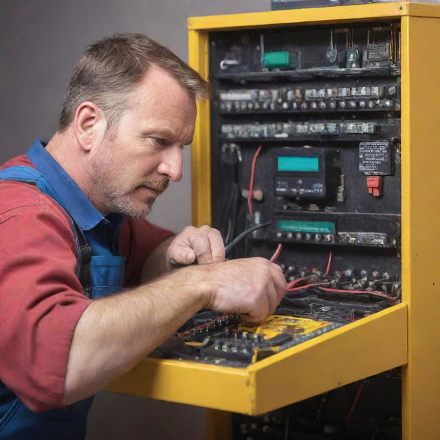 A professional electrician, with a toolbox, intently repairing a telephone on a vibrant poster with motivational text.