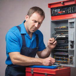 A professional electrician, with a toolbox, intently repairing a telephone on a vibrant poster with motivational text.