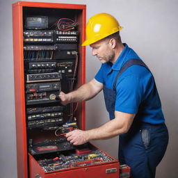 A professional electrician, with a toolbox, intently repairing a telephone on a vibrant poster with motivational text.