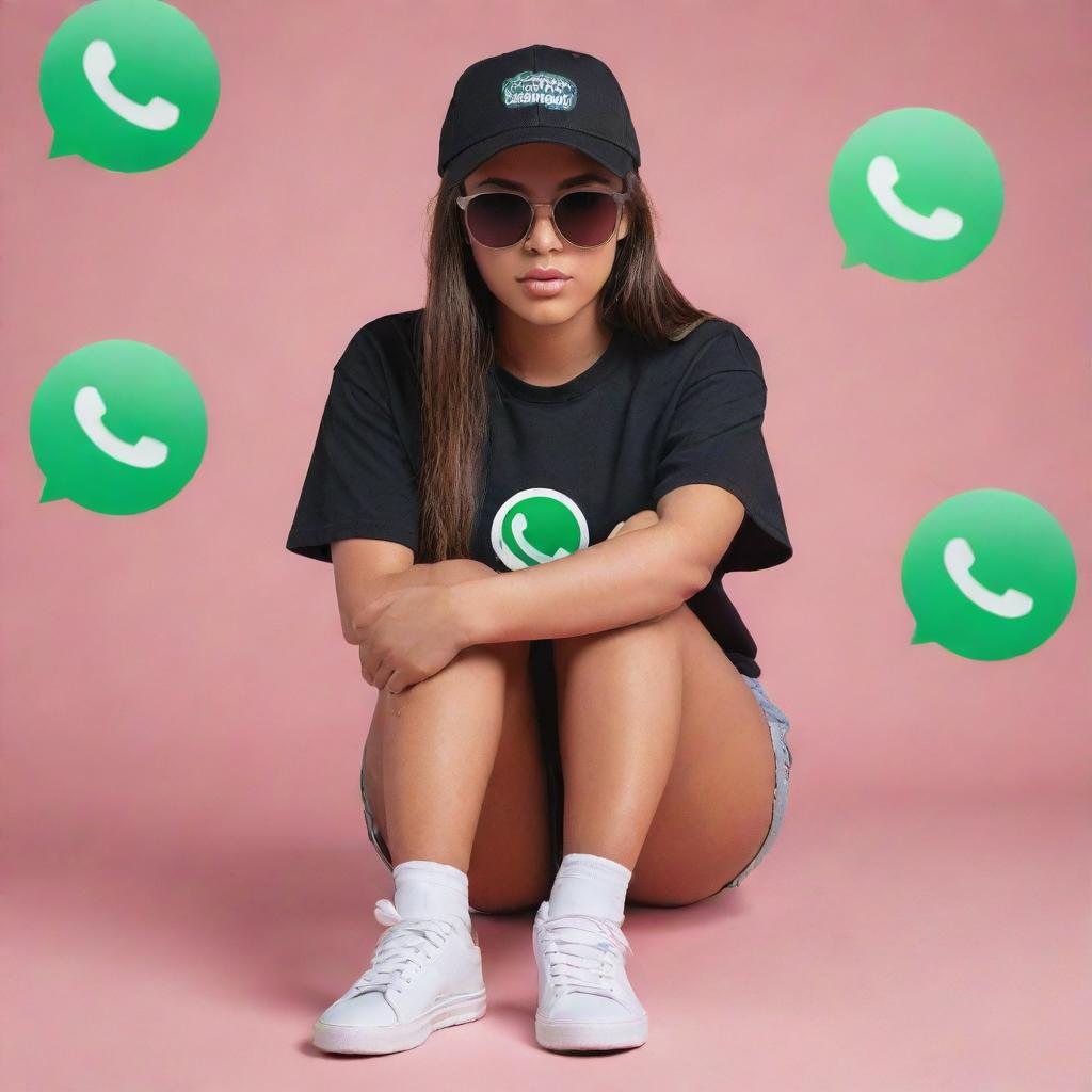 A 3D illusion of a girl dressed in a black shirt and sneakers, sporting a cap and sunglasses in colors matching the Whatsapp logo. She sits casually atop a Whatsapp logo, looking forward. 'ALISHA' in large, white capital letters forms the background.