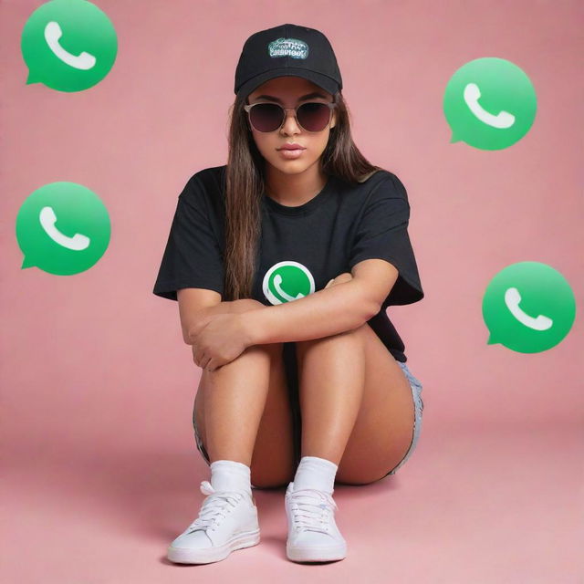 A 3D illusion of a girl dressed in a black shirt and sneakers, sporting a cap and sunglasses in colors matching the Whatsapp logo. She sits casually atop a Whatsapp logo, looking forward. 'ALISHA' in large, white capital letters forms the background.