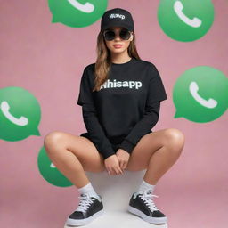 A 3D illusion of a girl dressed in a black shirt and sneakers, sporting a cap and sunglasses in colors matching the Whatsapp logo. She sits casually atop a Whatsapp logo, looking forward. 'ALISHA' in large, white capital letters forms the background.