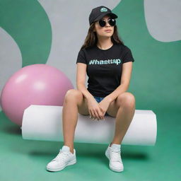 A 3D illusion of a girl dressed in a black shirt and sneakers, sporting a cap and sunglasses in colors matching the Whatsapp logo. She sits casually atop a Whatsapp logo, looking forward. 'ALISHA' in large, white capital letters forms the background.