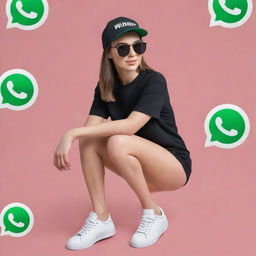 A 3D illusion of a girl dressed in a black shirt and sneakers, sporting a cap and sunglasses in colors matching the Whatsapp logo. She sits casually atop a Whatsapp logo, looking forward. 'ALISHA' in large, white capital letters forms the background.