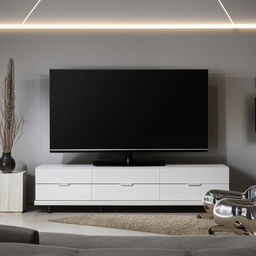 Modern living room with an elegant LED TV stand in the corner, surrounded by sleek furniture and ambient lighting.