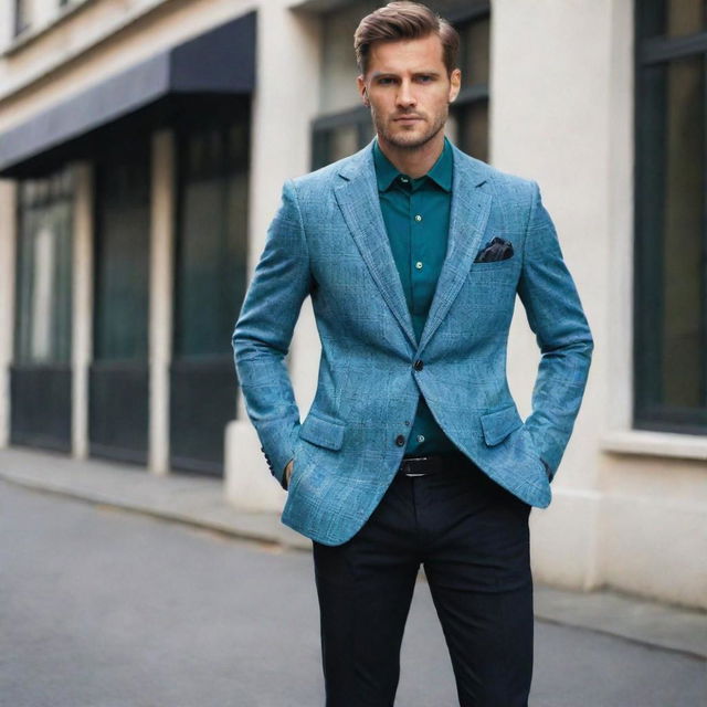 A light blue checked blazer, paired with a dark green shirt and black trousers for a sophisticated outfit.