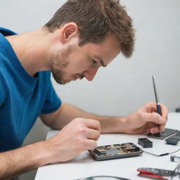 A focused individual meticulously repairing a modern mobile phone, using small tools on a clean, well-lit work surface.