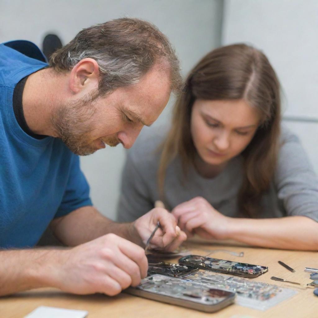 A focused individual meticulously repairing a modern mobile phone, using small tools on a clean, well-lit work surface.