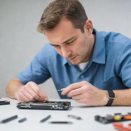 A focused individual meticulously repairing a modern mobile phone, using small tools on a clean, well-lit work surface.