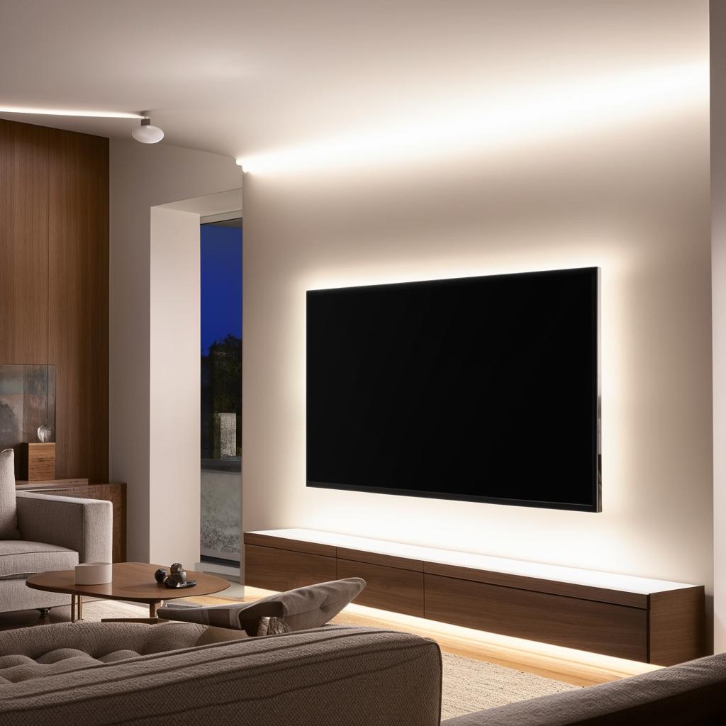 Modern living room with an elegant LED TV stand in the corner, surrounded by sleek furniture and ambient lighting.