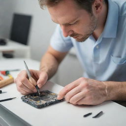 A focused individual meticulously repairing a modern mobile phone, using small tools on a clean, well-lit work surface.