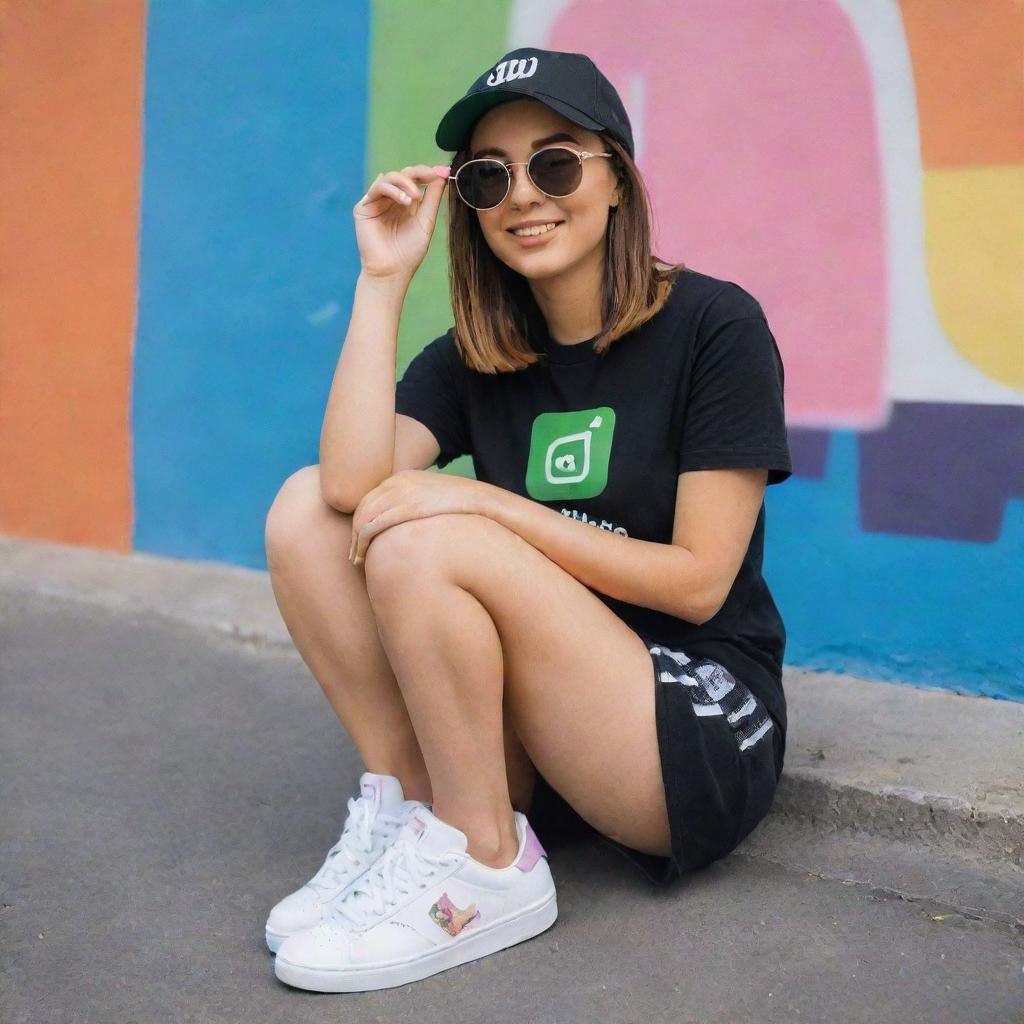 A girl casually sitting on an Instagram logo, dressed in a black shirt and sneakers, wearing a cap and sunglasses in colors matching the Whatsapp logo. She is looking forward. The word 'ALISHA' in large, white capital letters dominates the background.