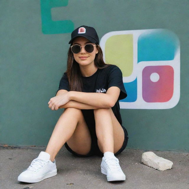 A girl casually sitting on an Instagram logo, dressed in a black shirt and sneakers, wearing a cap and sunglasses in colors matching the Whatsapp logo. She is looking forward. The word 'ALISHA' in large, white capital letters dominates the background.