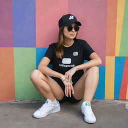 A girl casually sitting on an Instagram logo, dressed in a black shirt and sneakers, wearing a cap and sunglasses in colors matching the Whatsapp logo. She is looking forward. The word 'ALISHA' in large, white capital letters dominates the background.