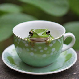 A vivid green frog comfortably sitting inside a patterned teacup, its eyes curiously peeking over the rim, surrounded by a calm, natural backdrop.