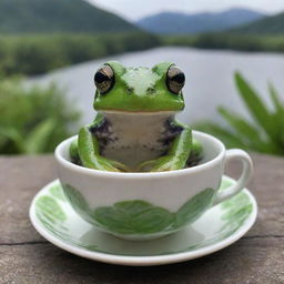 A vivid green frog comfortably sitting inside a patterned teacup, its eyes curiously peeking over the rim, surrounded by a calm, natural backdrop.